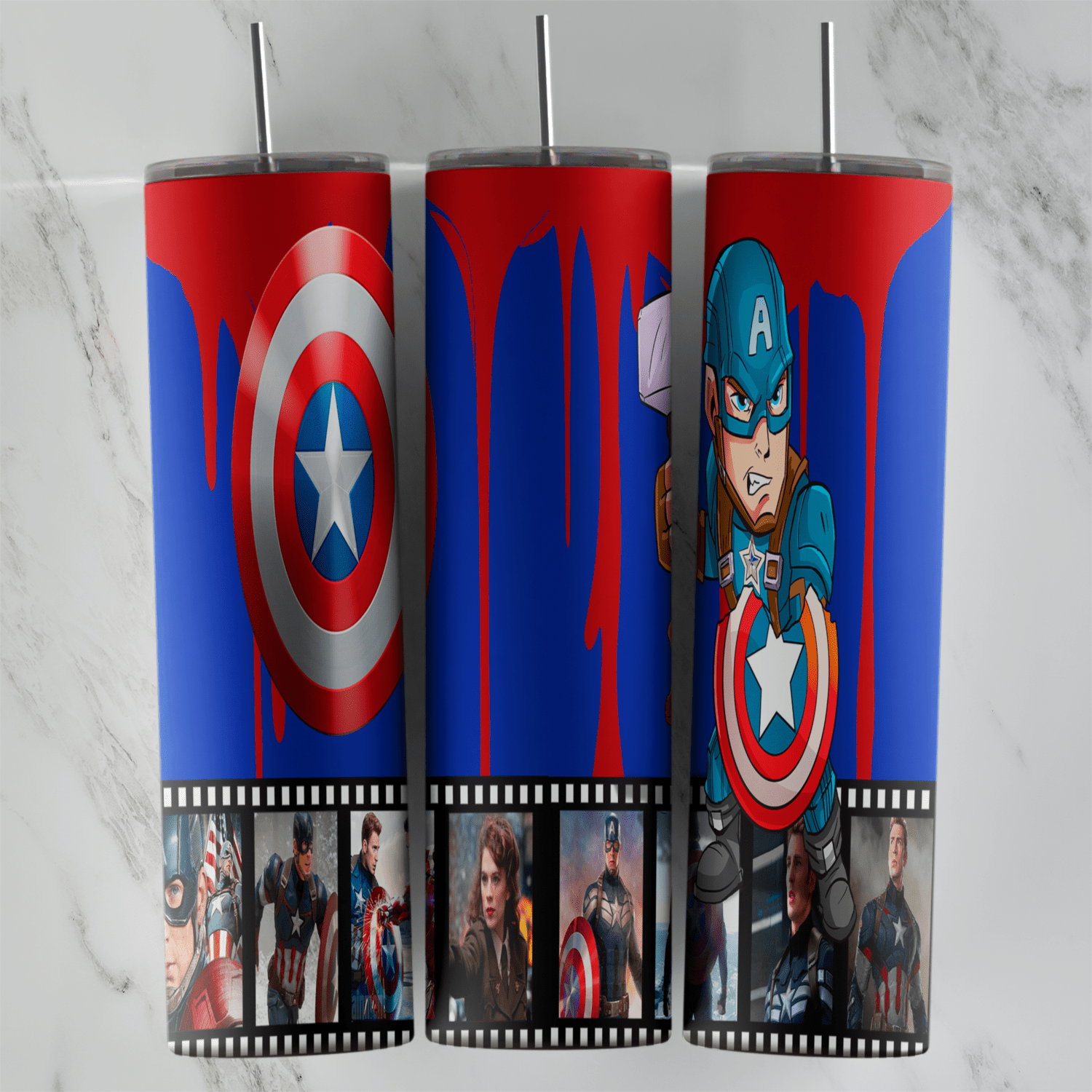 A 20 oz skinny tumbler wrap with red drips over blue, a large shield, a chibi Captain America and a film strip of movie stills. Sublimation design