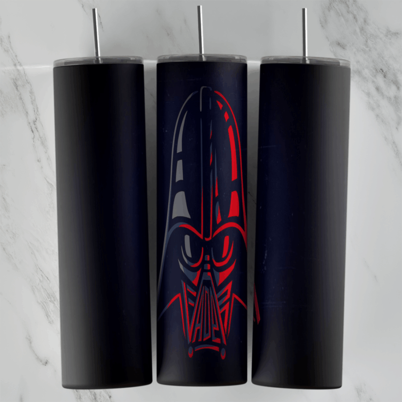 A dark navy tumbler wrap with a Darth Vader helmet drawn in thin glowing red lines in the center, fading into a black background. Sublimation design