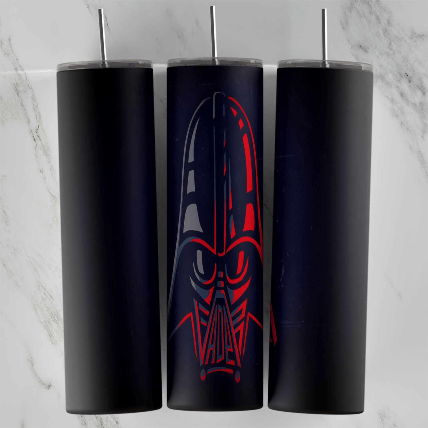 A dark navy tumbler wrap with a Darth Vader helmet drawn in thin glowing red lines in the center, fading into a black background. Sublimation design