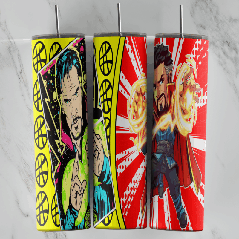 A full 20 oz skinny tumbler wrap in yellow and red pop art comic style, with Doctor Strange casting glowing spells among halftone. Sublimation design