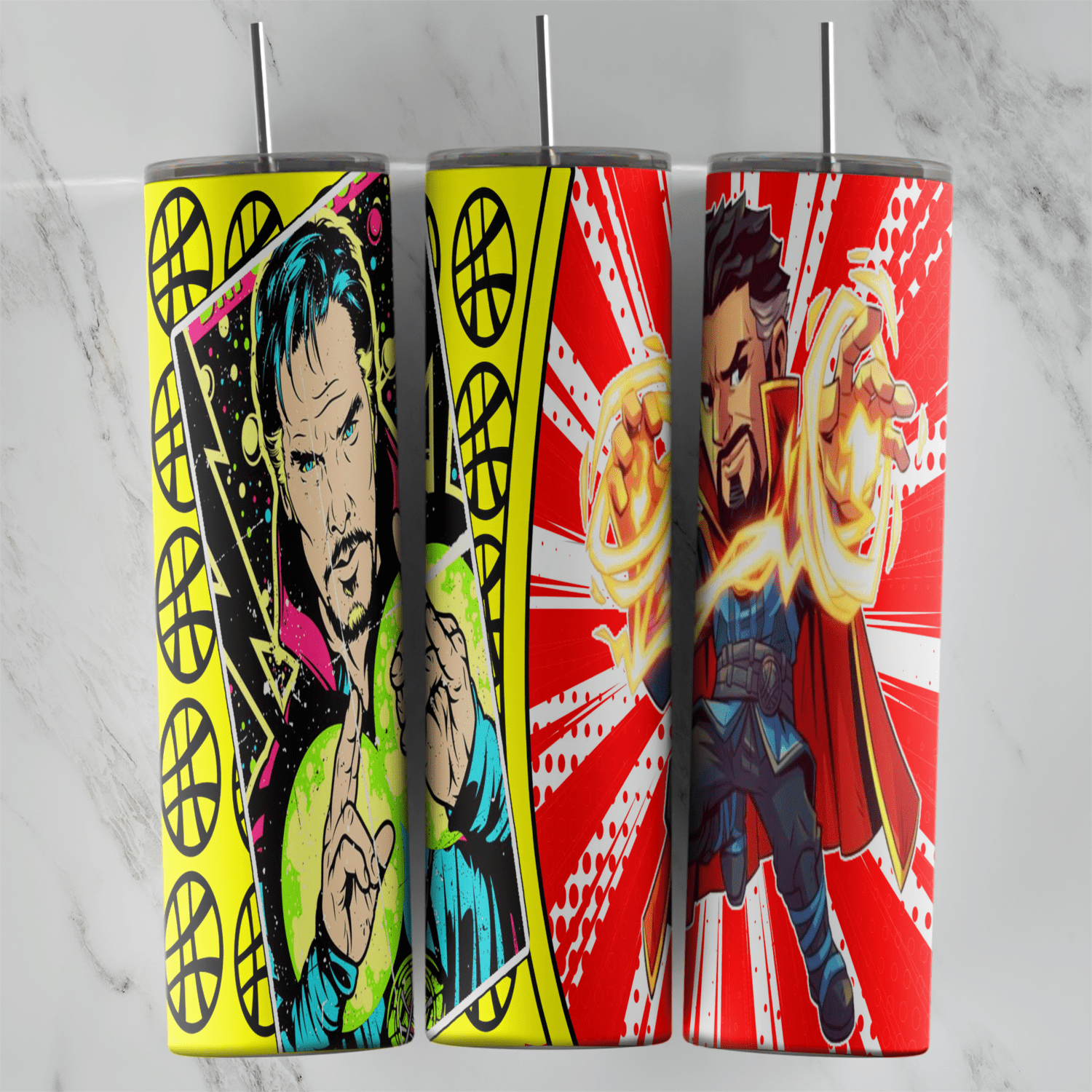 A full 20 oz skinny tumbler wrap in yellow and red pop art comic style, with Doctor Strange casting glowing spells among halftone. Sublimation design