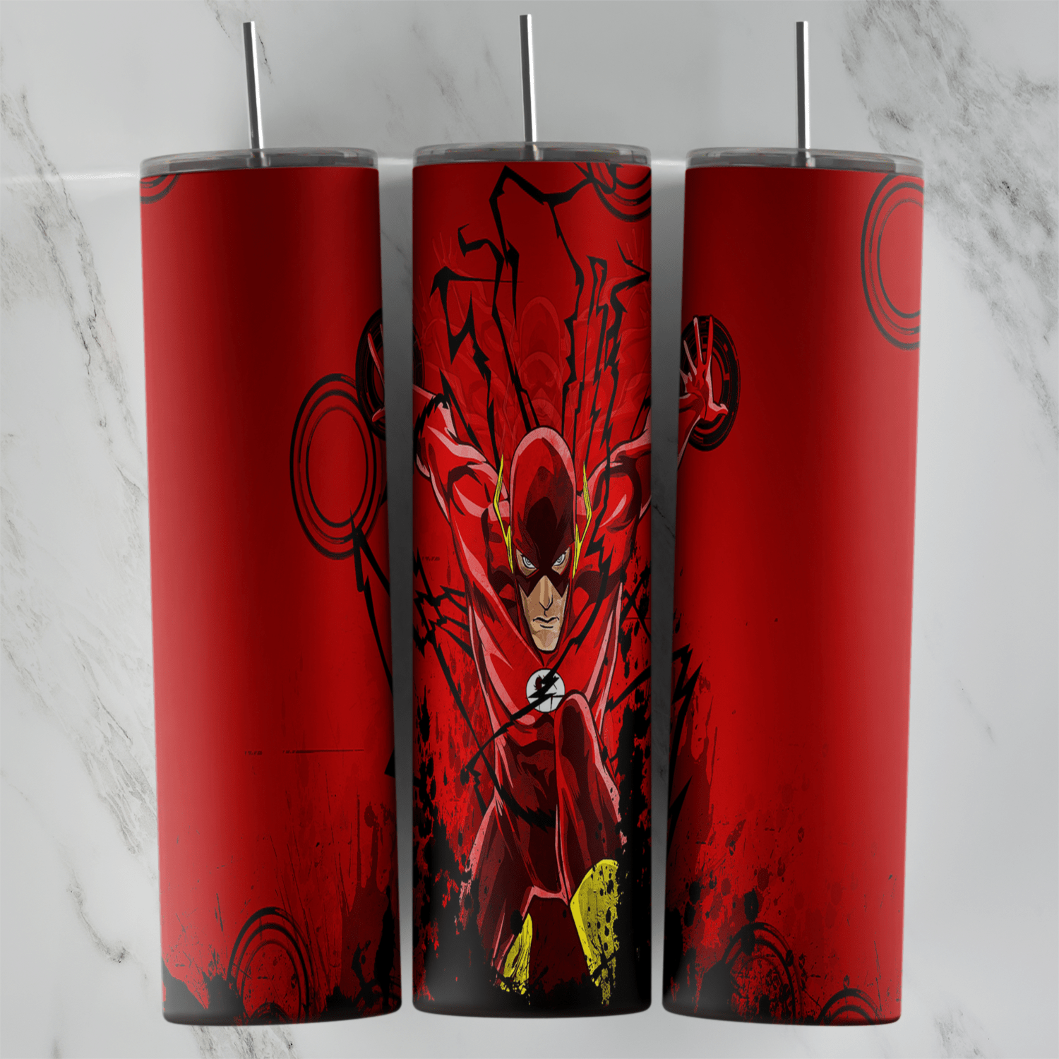 A full 20 oz skinny tumbler wrap in dark red with the Flash running in the center, crackling lightning and faint gear shapes. Sublimation design