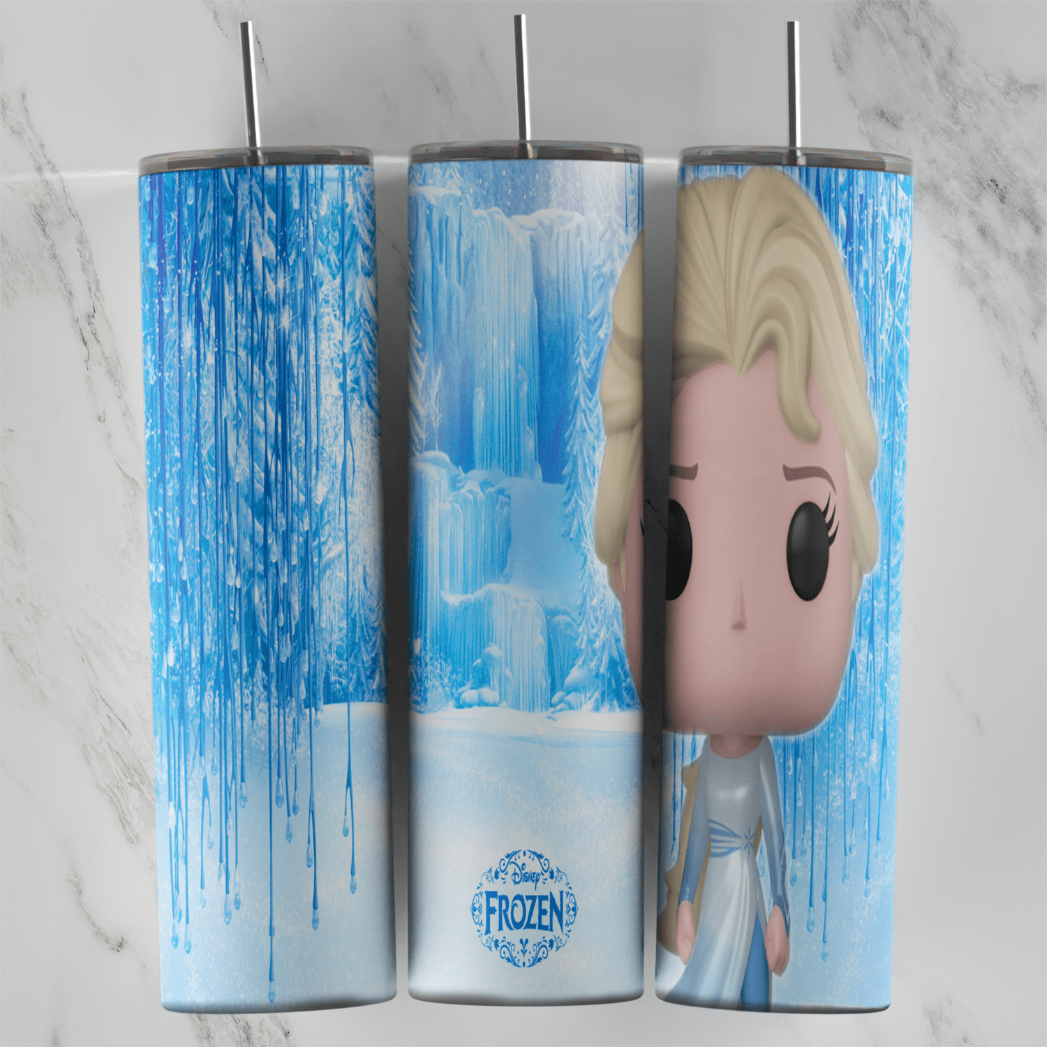 A 20 oz skinny tumbler wrap with icicles and an ice castle background, a small round Frozen badge and a big headed vinyl figure. Sublimation design