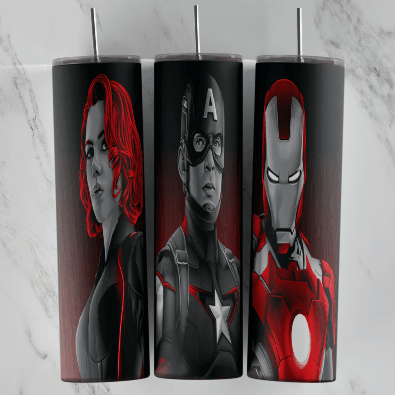 A 20 oz skinny tumbler wrap with dramatic grey and red portraits of Black Widow, Captain America and Iron Man side by side. Sublimation design