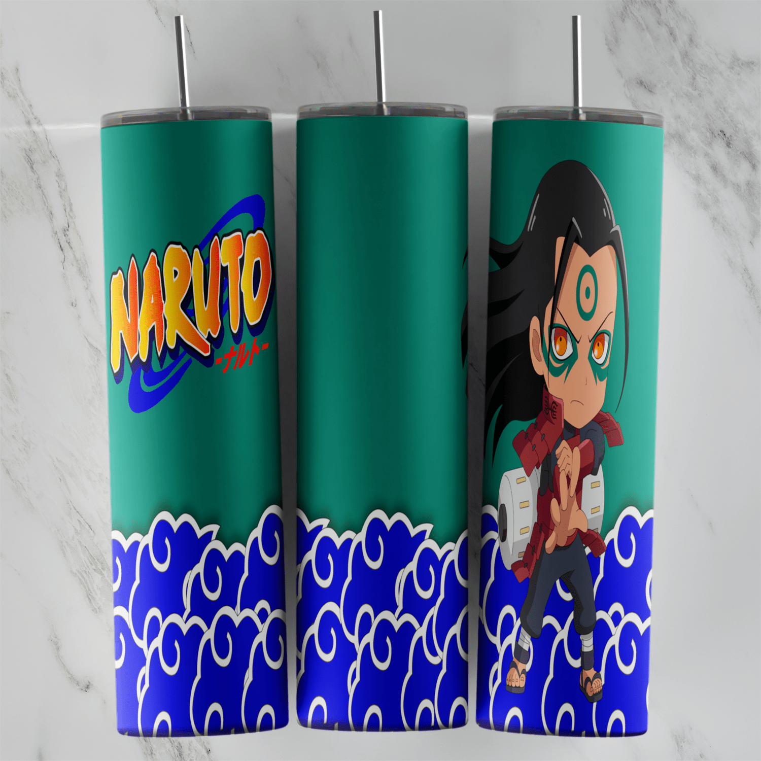 A 20 oz skinny tumbler wrap with a chibi Hashirama Senju in sage mode and red armor, the Naruto logo on green and swirling blue. Sublimation design