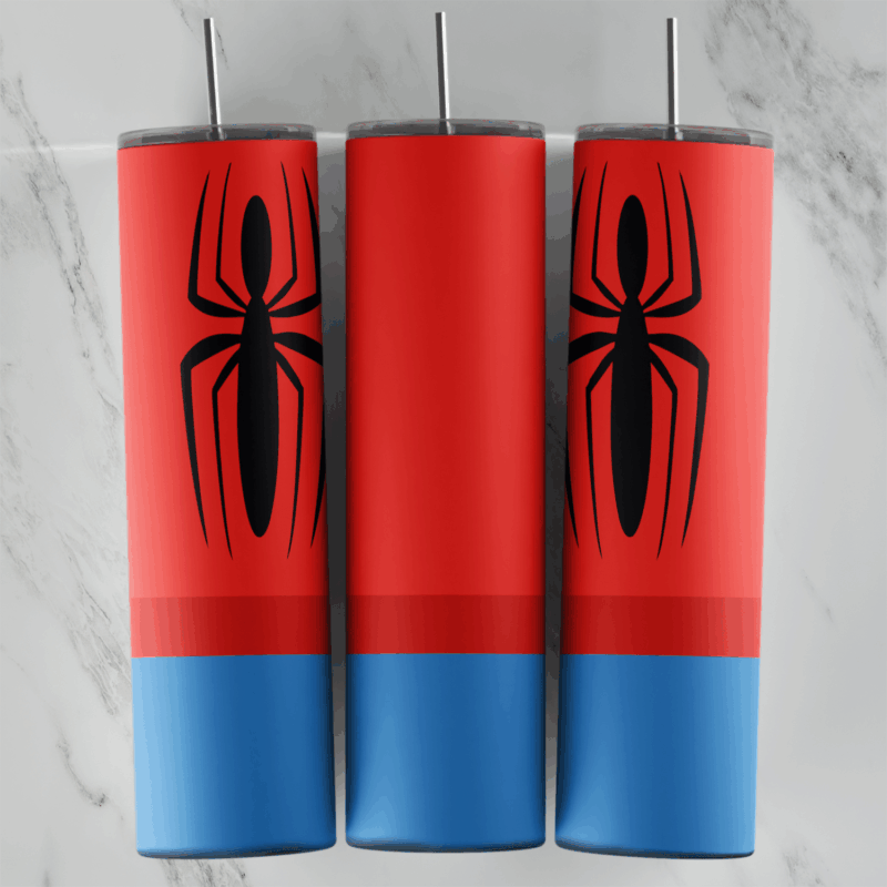 A minimalist 20 oz skinny tumbler wrap styled like the Spider-Man suit: a black spider emblem on red with a blue band along. Sublimation design