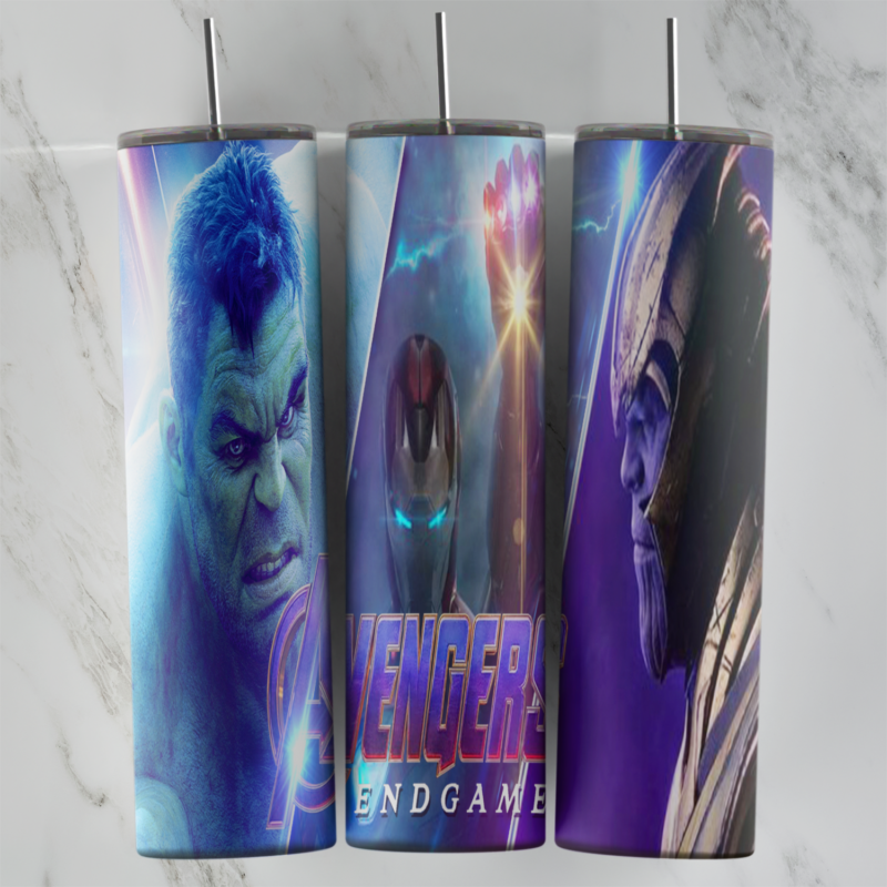 A 20 oz skinny tumbler wrap with Avengers Endgame art: a close up of the Hulk, Iron Man with the Avengers Endgame logo. Sublimation design
