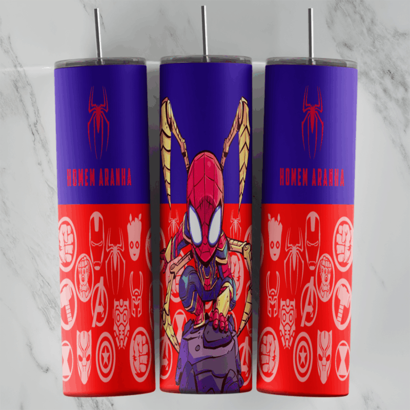 A 20 oz skinny tumbler wrap split purple and red: Spider-Man in Iron Spider armor with mechanical legs, Homem Aranha lettering. Sublimation design