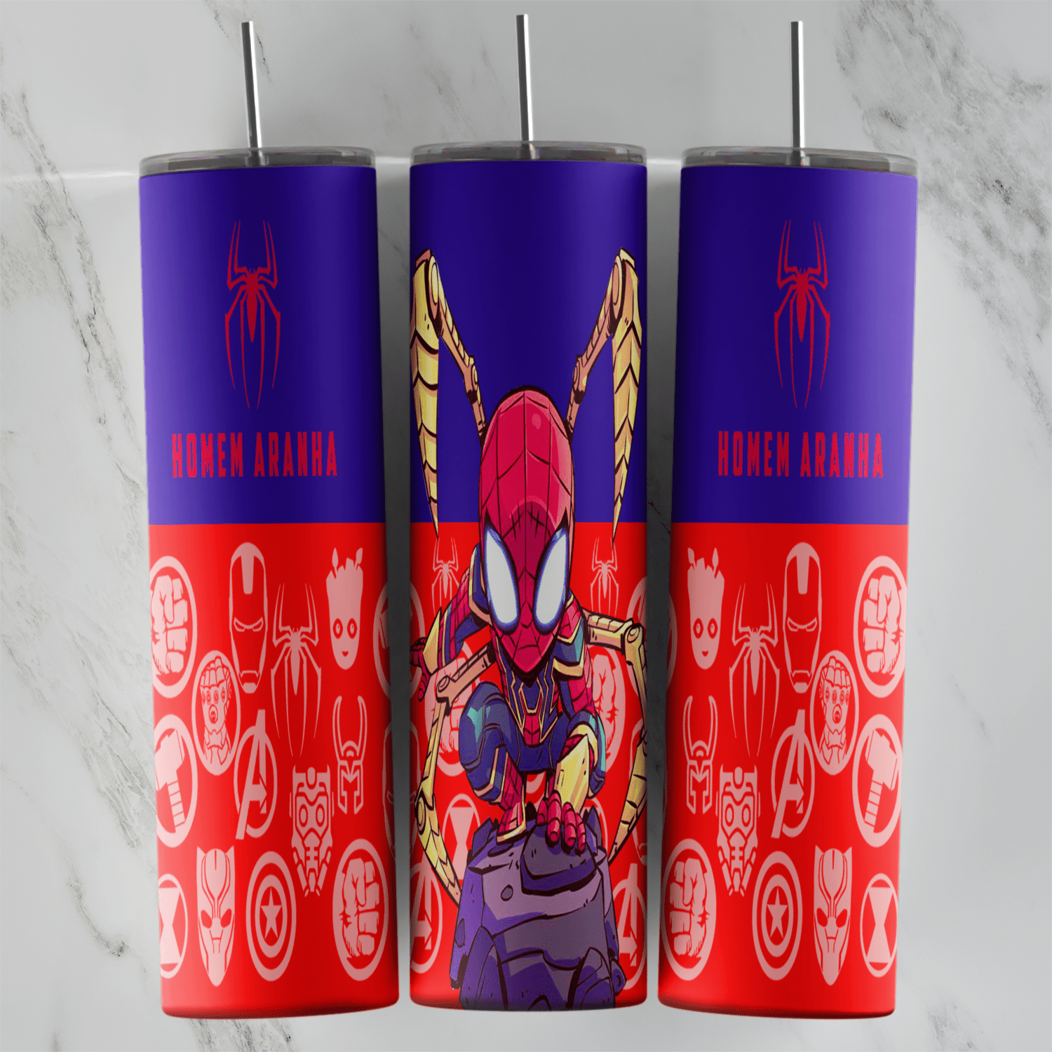 A 20 oz skinny tumbler wrap split purple and red: Spider-Man in Iron Spider armor with mechanical legs, Homem Aranha lettering. Sublimation design