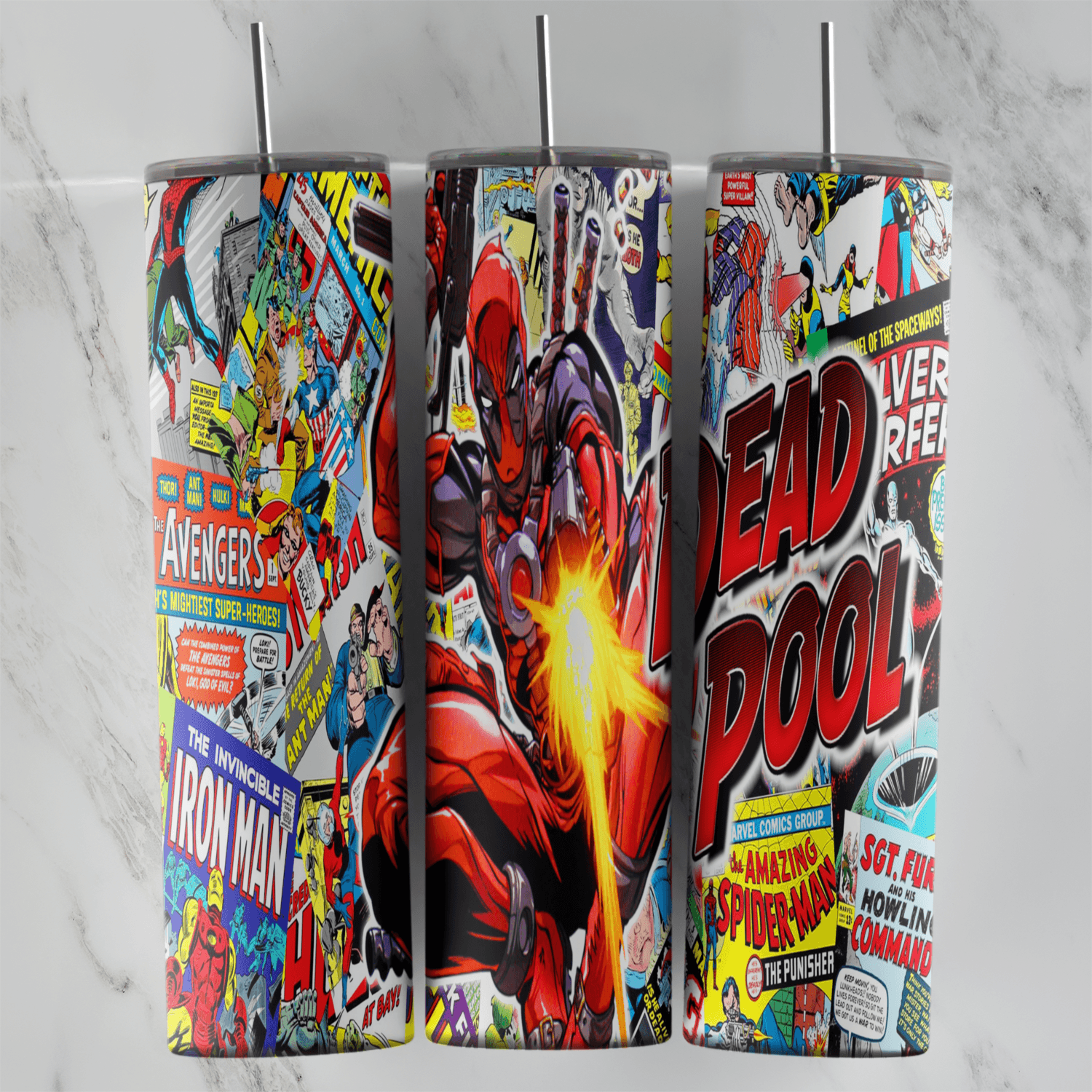 A full 20 oz skinny tumbler wrap with Deadpool in a comic book collage: Deadpool in the center among Avengers, Iron Man. Sublimation design