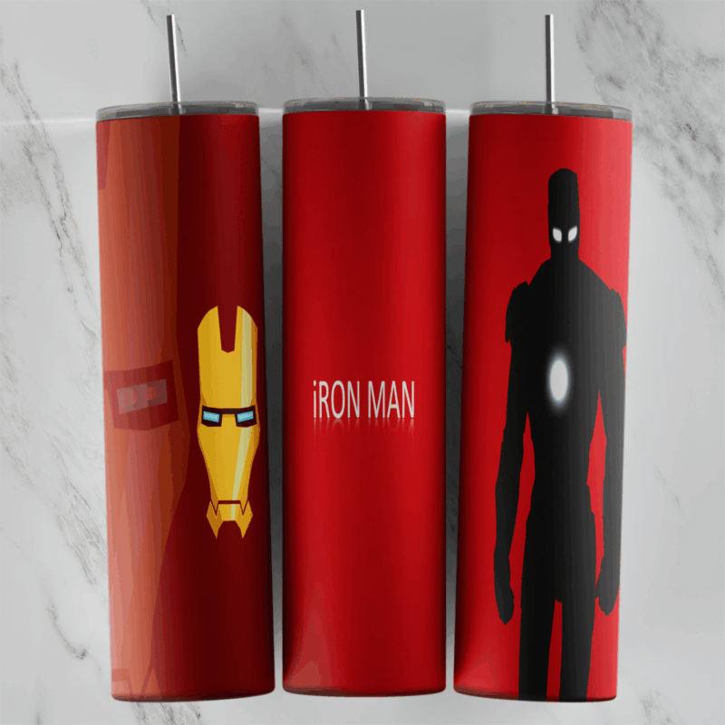 A 20 oz skinny tumbler wrap on red with a small gold Iron Man helmet, Iron Man lettering and a black Iron Man silhouette. Sublimation design