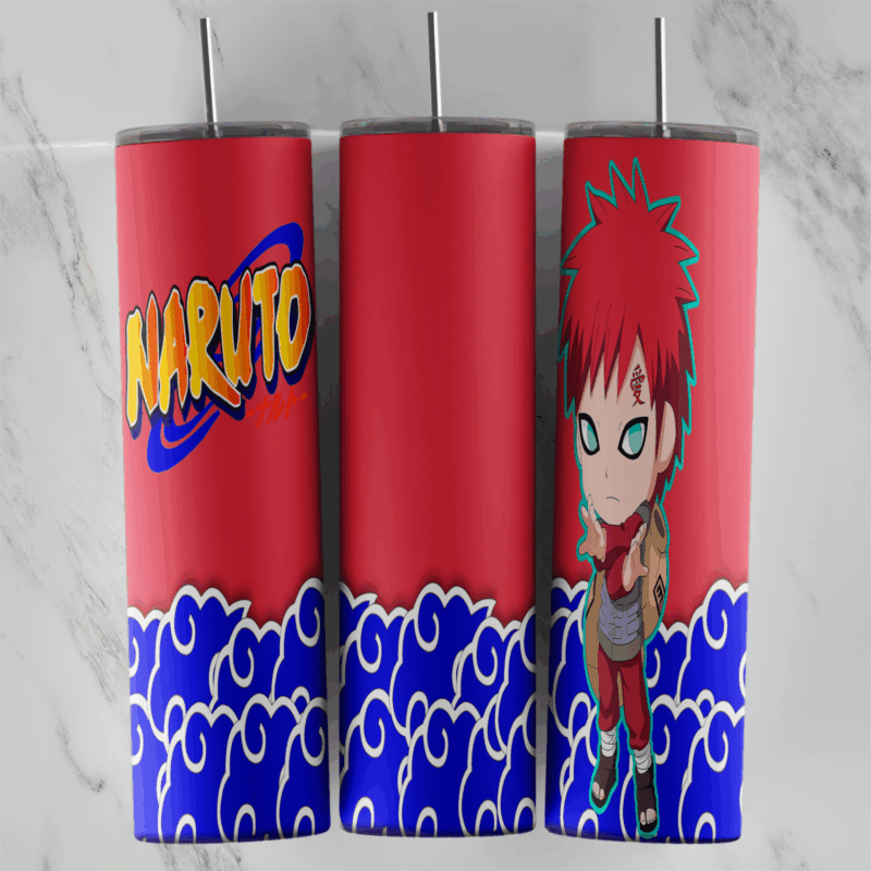 A 20 oz skinny tumbler wrap with a chibi Gaara in his red outfit, the Naruto logo on a red background and swirling blue clouds. Sublimation design