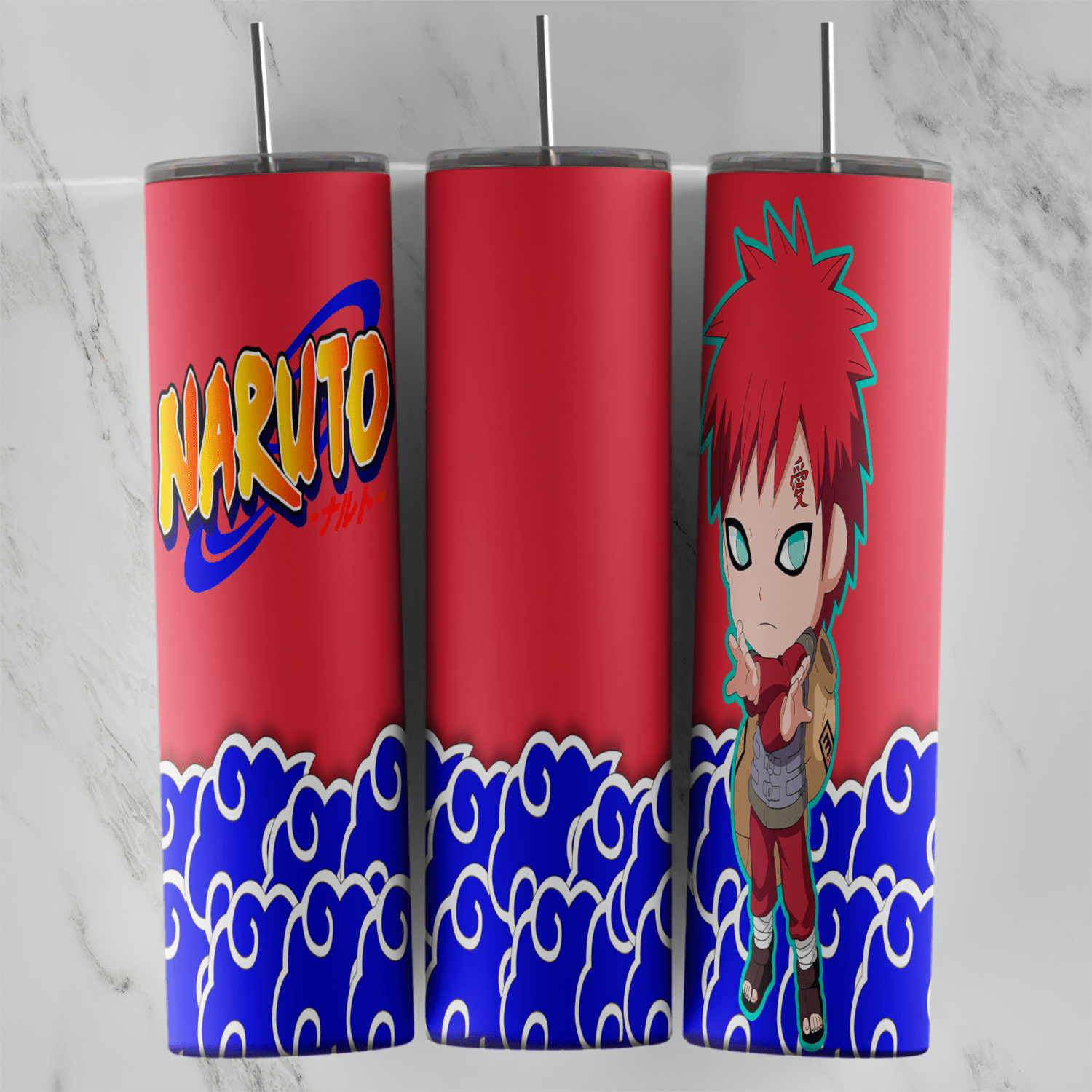 A 20 oz skinny tumbler wrap with a chibi Gaara in his red outfit, the Naruto logo on a red background and swirling blue clouds. Sublimation design