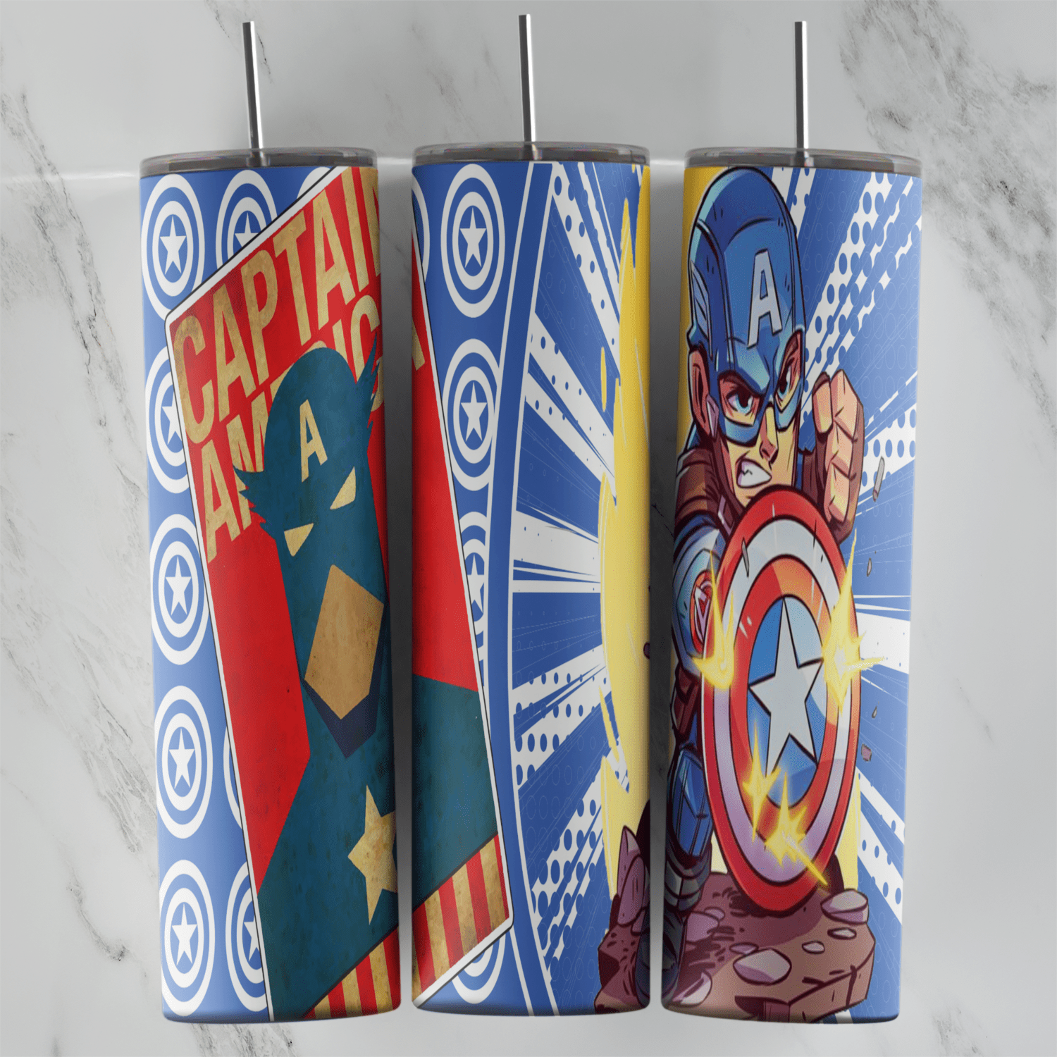A 20 oz skinny tumbler wrap in pop art style: a Captain America poster panel with CAPTAIN AMERICA lettering, a shield pattern. Sublimation design