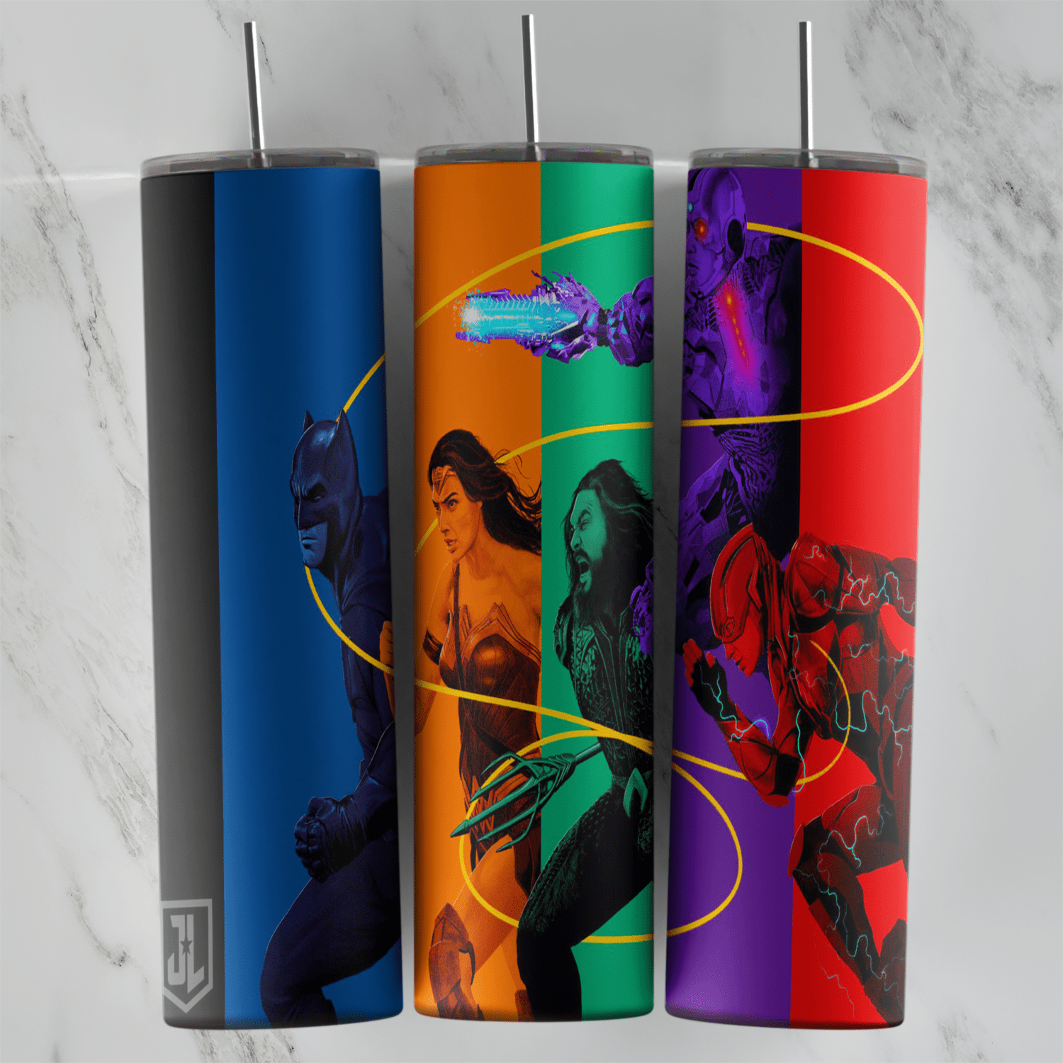 A 20 oz skinny tumbler wrap with comic style art of Batman, Wonder Woman, Aquaman, Cyborg and the Flash on bold blue, orange. Sublimation design