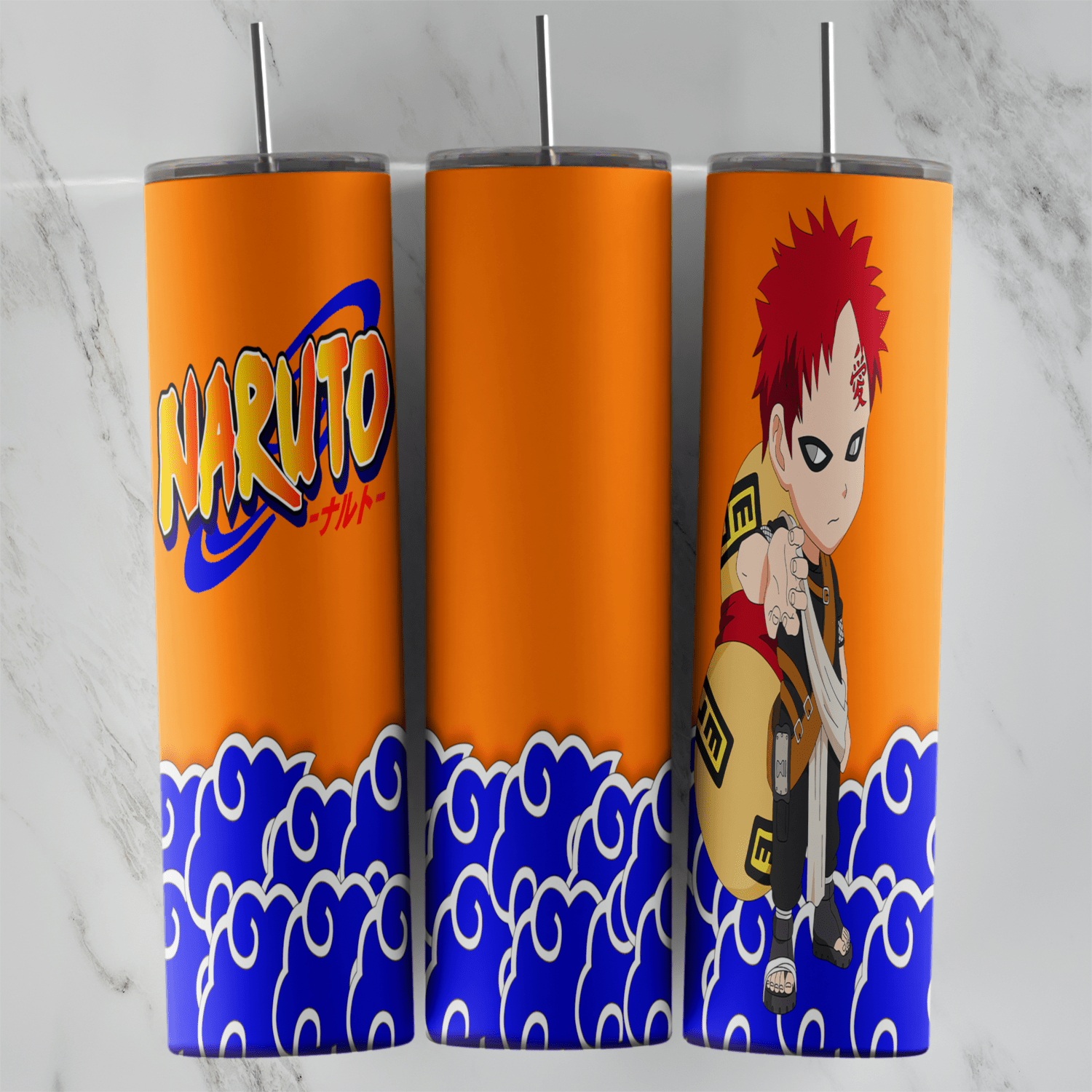 A 20 oz skinny tumbler wrap with a chibi Gaara carrying his sand gourd, the Naruto logo on orange and swirling blue clouds along. Sublimation design