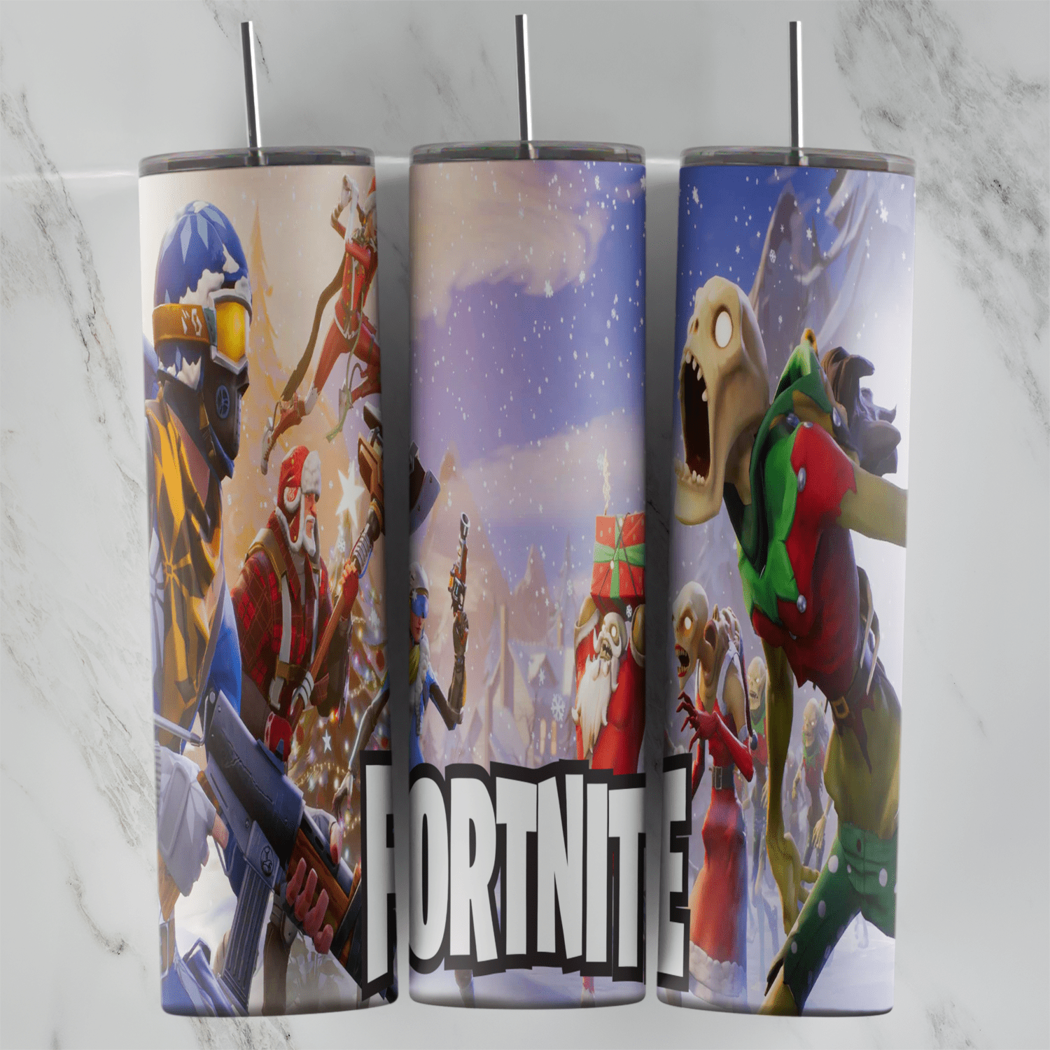 A snowy Fortnite tumbler wrap with characters in winter and holiday outfits battling in the snow and a large Fortnite logo. Sublimation design