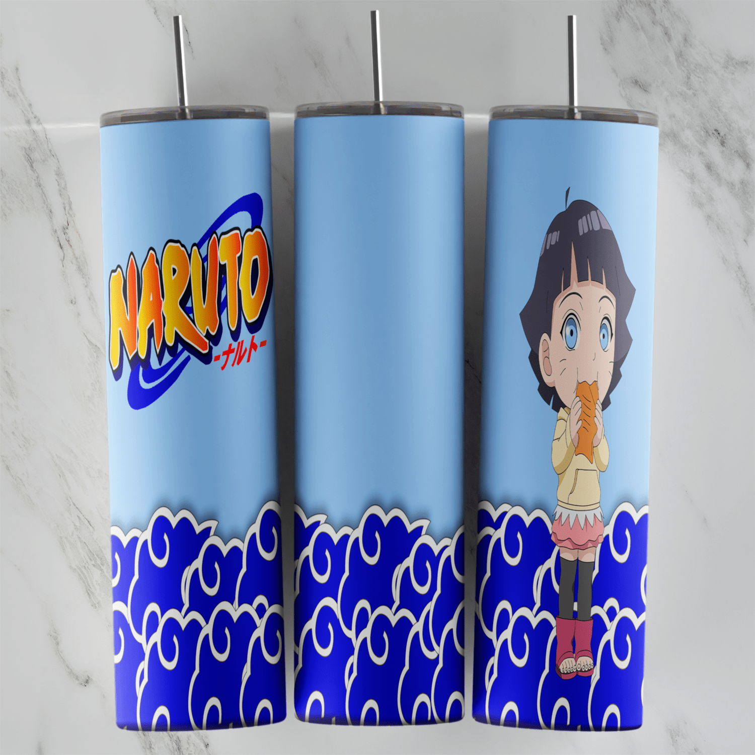 A 20 oz skinny tumbler wrap with a chibi Himawari Uzumaki eating a snack, the Naruto logo on light blue and swirling blue clouds. Sublimation design