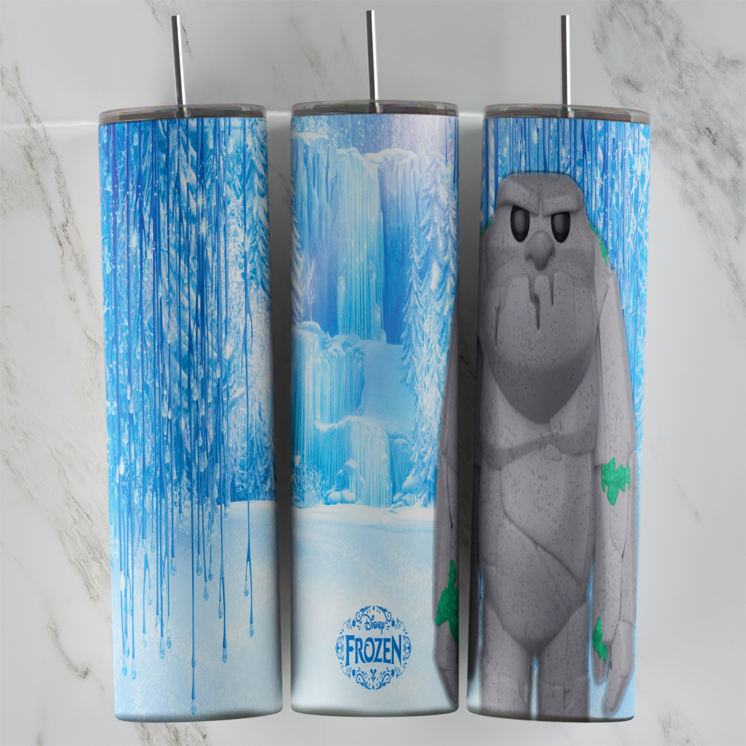 A 20 oz skinny tumbler wrap with a blue icicle curtain, an ice castle backdrop, a round Frozen badge and a gray stone giant. Sublimation design