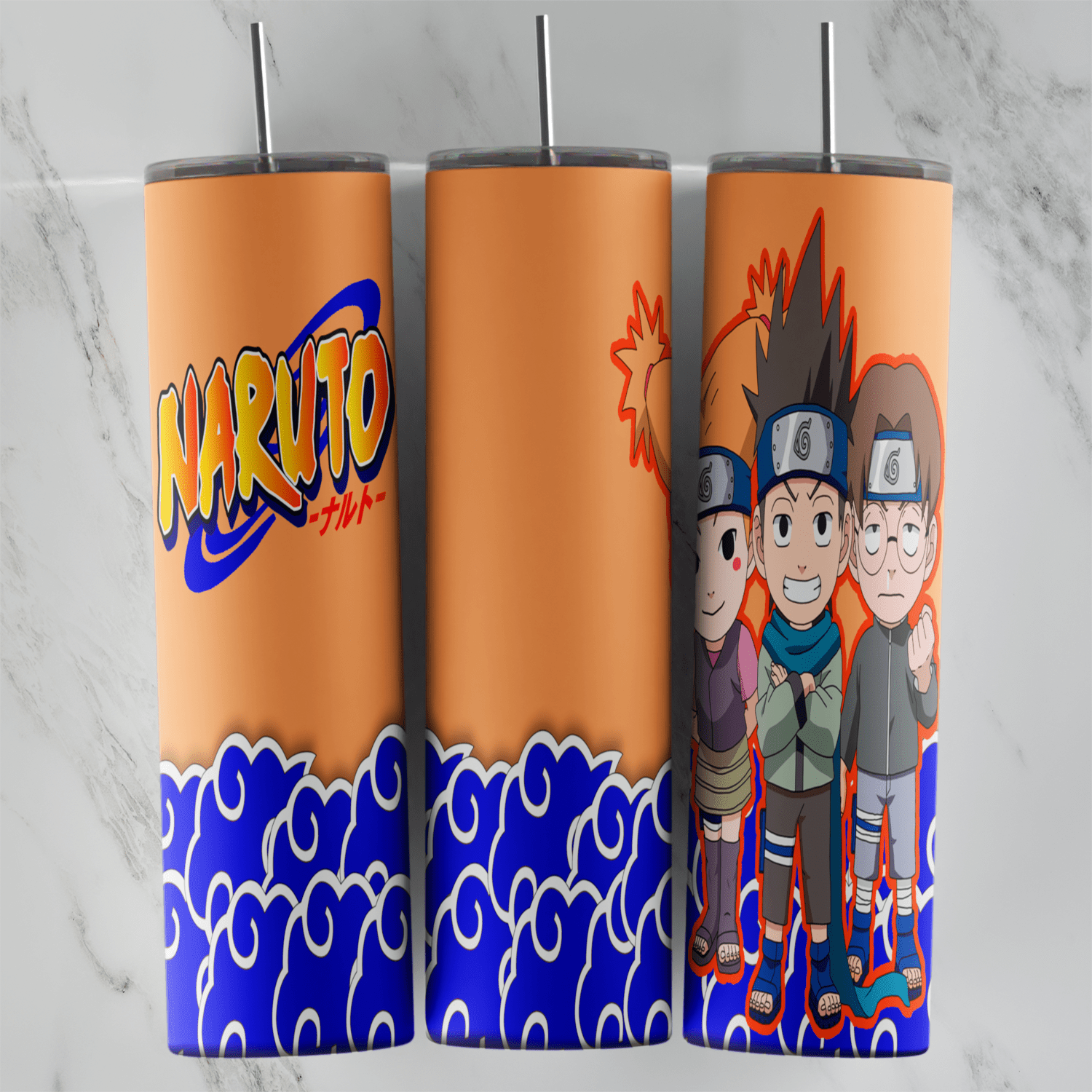 A 20 oz skinny tumbler wrap with chibi Konohamaru, Moegi and Udon standing together, the Naruto logo on orange and swirling blue. Sublimation design