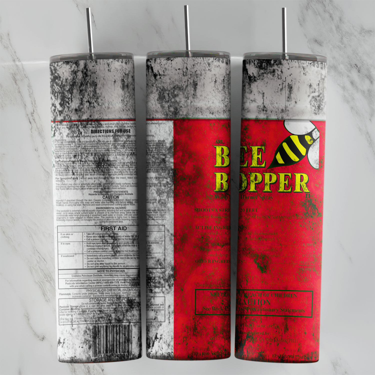 A full 20 oz skinny tumbler wrap styled as a worn Bee Bopper spray can: a red label with a cartoon bee and heavy black and white. Sublimation design