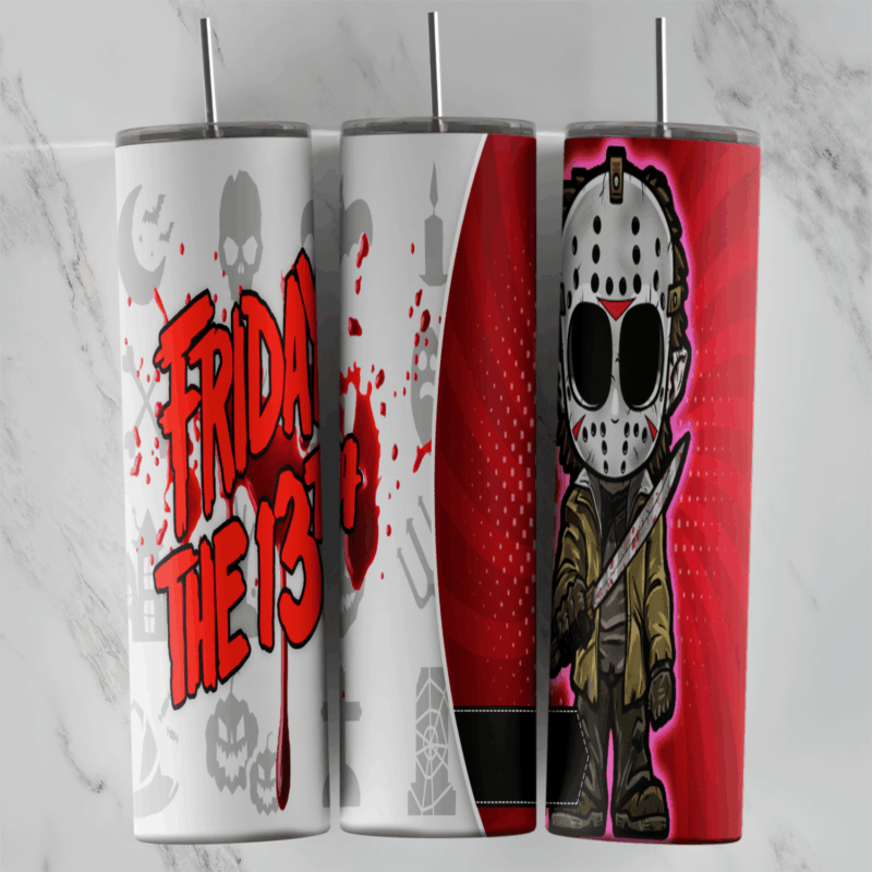 A 20 oz skinny tumbler wrap with a chibi Jason Voorhees in his hockey mask holding a machete, red Friday the 13th lettering. Sublimation design
