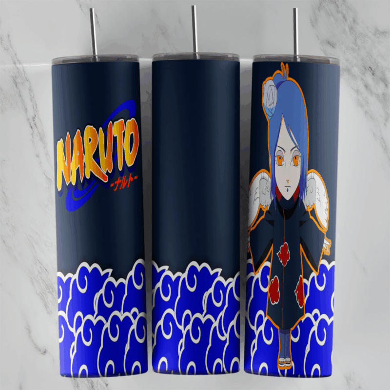 A 20 oz skinny tumbler wrap with a chibi Konan in the Akatsuki cloak with her paper flower, the Naruto logo on navy and blue. Sublimation design