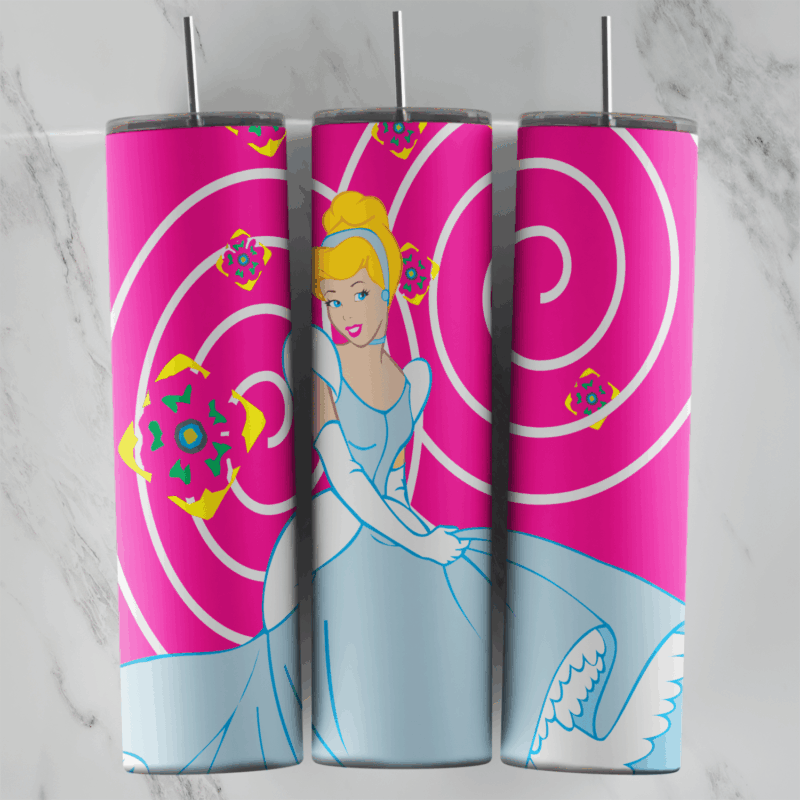 A 20 oz skinny tumbler wrap with Cinderella in her blue ball gown on a hot pink background with white swirls and small flowers. Sublimation design