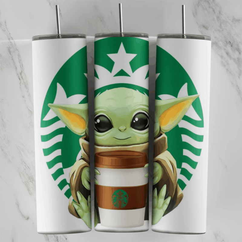 A full 20 oz skinny tumbler wrap in white with Baby Yoda holding a coffee cup inside a green Starbucks style siren logo ring. Sublimation design