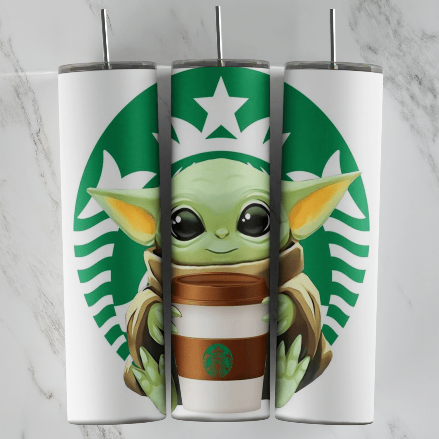 A full 20 oz skinny tumbler wrap in white with Baby Yoda holding a coffee cup inside a green Starbucks style siren logo ring. Sublimation design