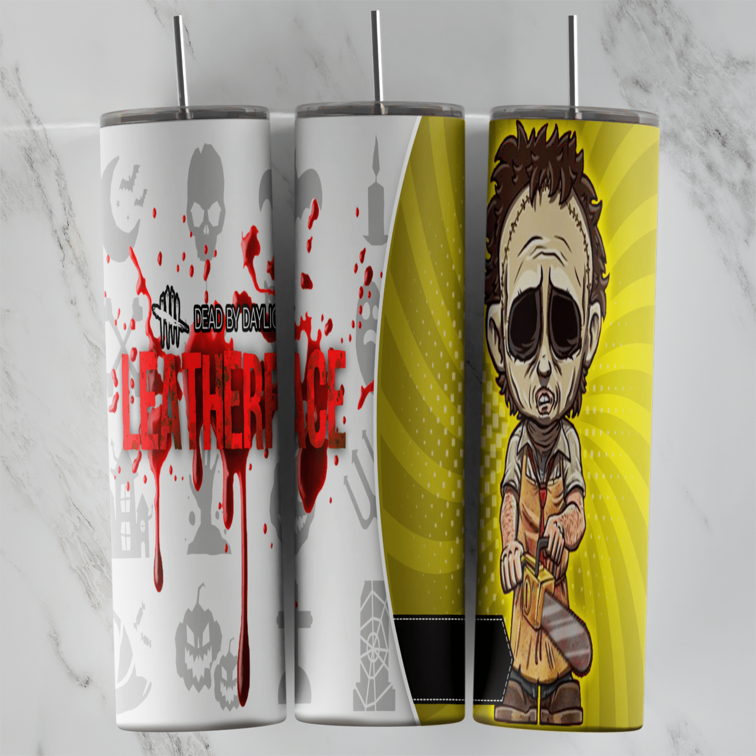 A 20 oz skinny tumbler wrap with a chibi Leatherface holding a chainsaw on a yellow sunburst panel, with blood red Leatherface. Sublimation design