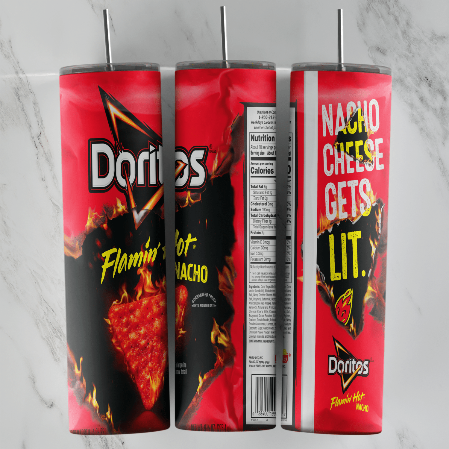 A full 20 oz skinny tumbler wrap styled as a red Doritos Flamin Hot Nacho bag with flames, the logo, a nutrition panel and Nacho. Sublimation design