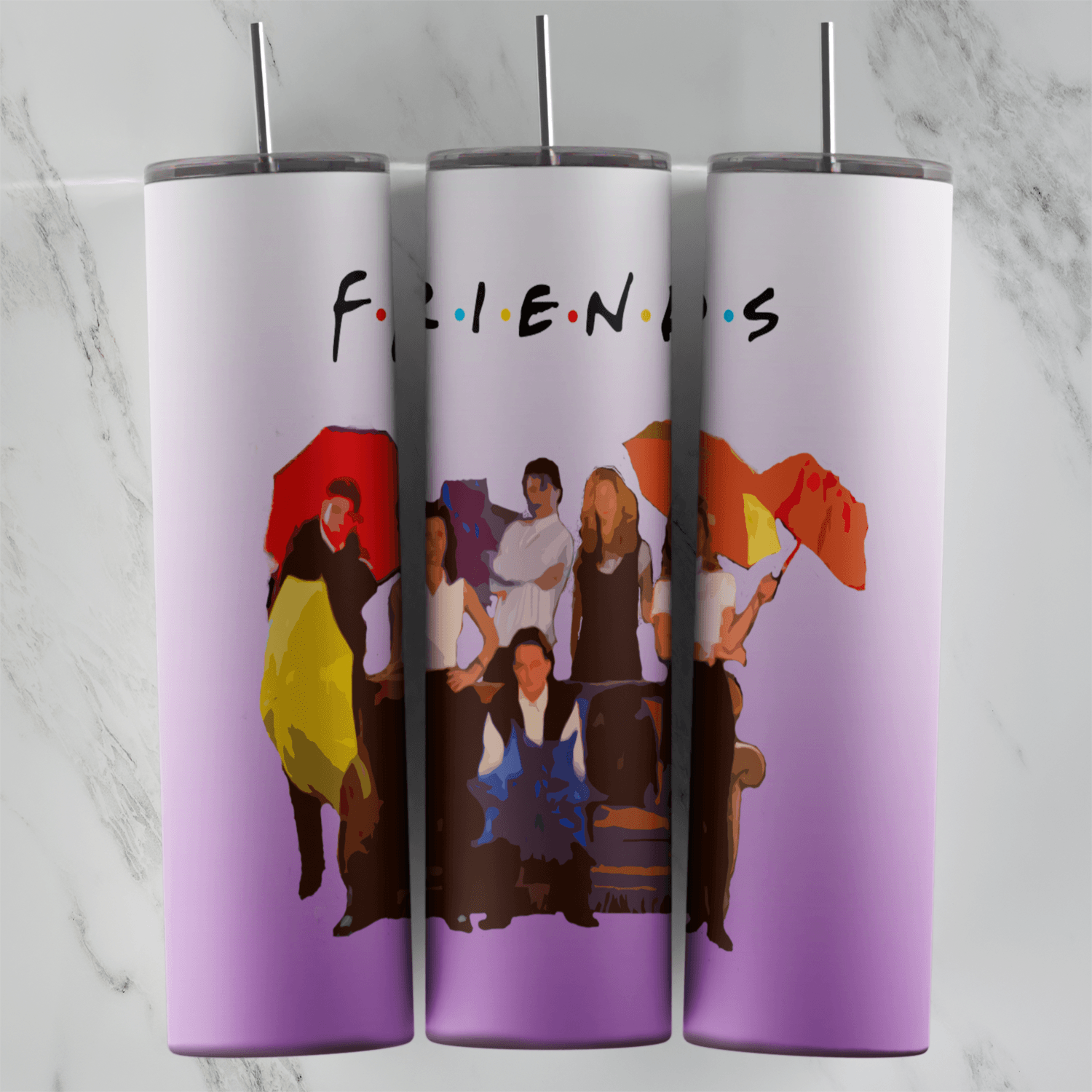 A lavender Friends tumbler wrap with the dotted F.R.I.E.N.D.S logo over the six cast members together with colorful umbrellas. Sublimation design