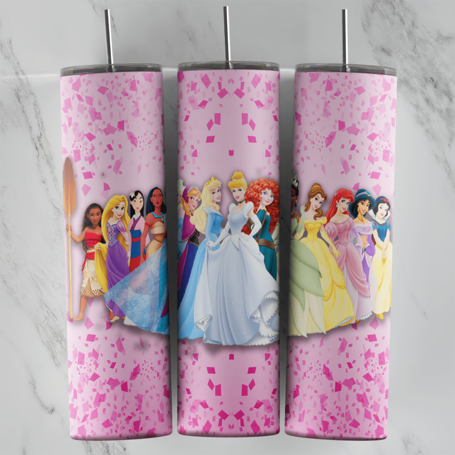 A 20 oz skinny tumbler wrap on pink confetti with a lineup of Disney princesses, including Cinderella, Belle, Aurora, Snow White. Sublimation design