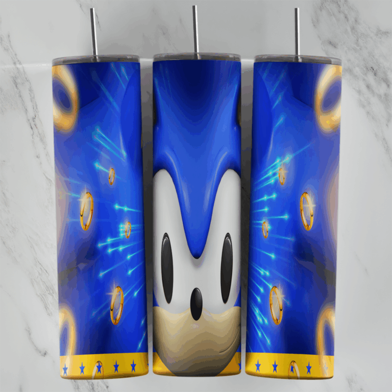 A 20 oz skinny tumbler wrap with Sonic the Hedgehog’s face and eyes on a glowing blue background with gold rings and light streaks. Sublimation design