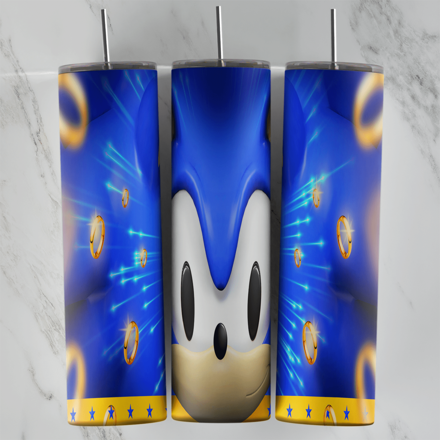 A 20 oz skinny tumbler wrap with Sonic the Hedgehog’s face and eyes on a glowing blue background with gold rings and light streaks. Sublimation design