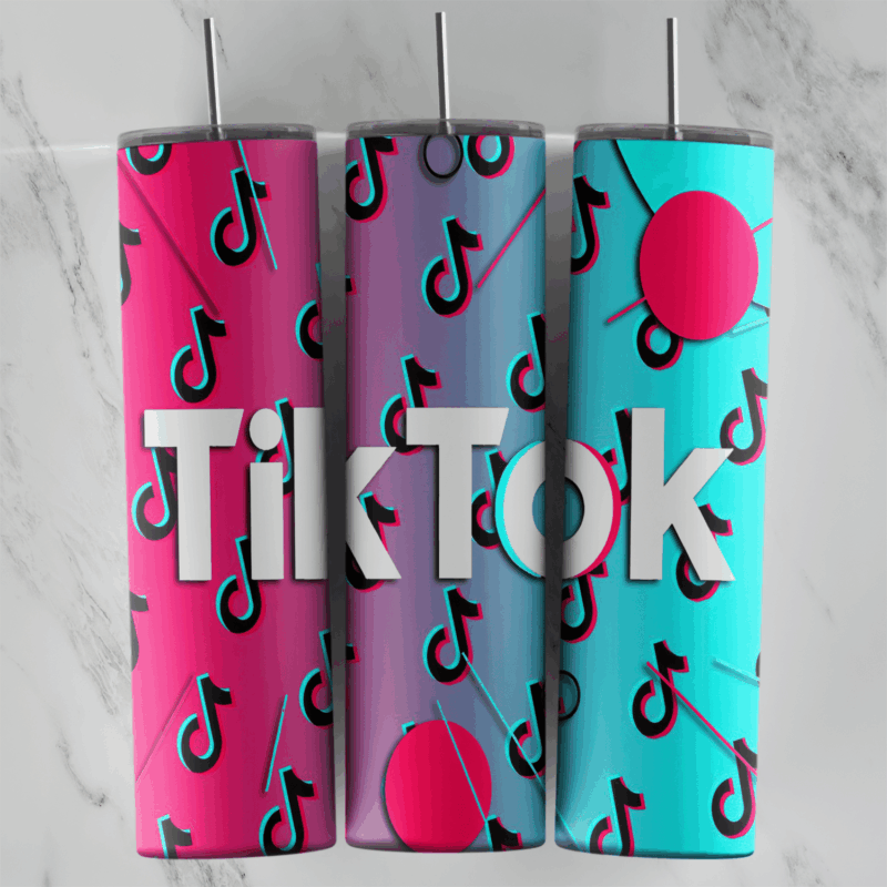 A TikTok tumbler wrap with large white TikTok lettering over a pink to cyan gradient scattered with small music note logos. Sublimation design