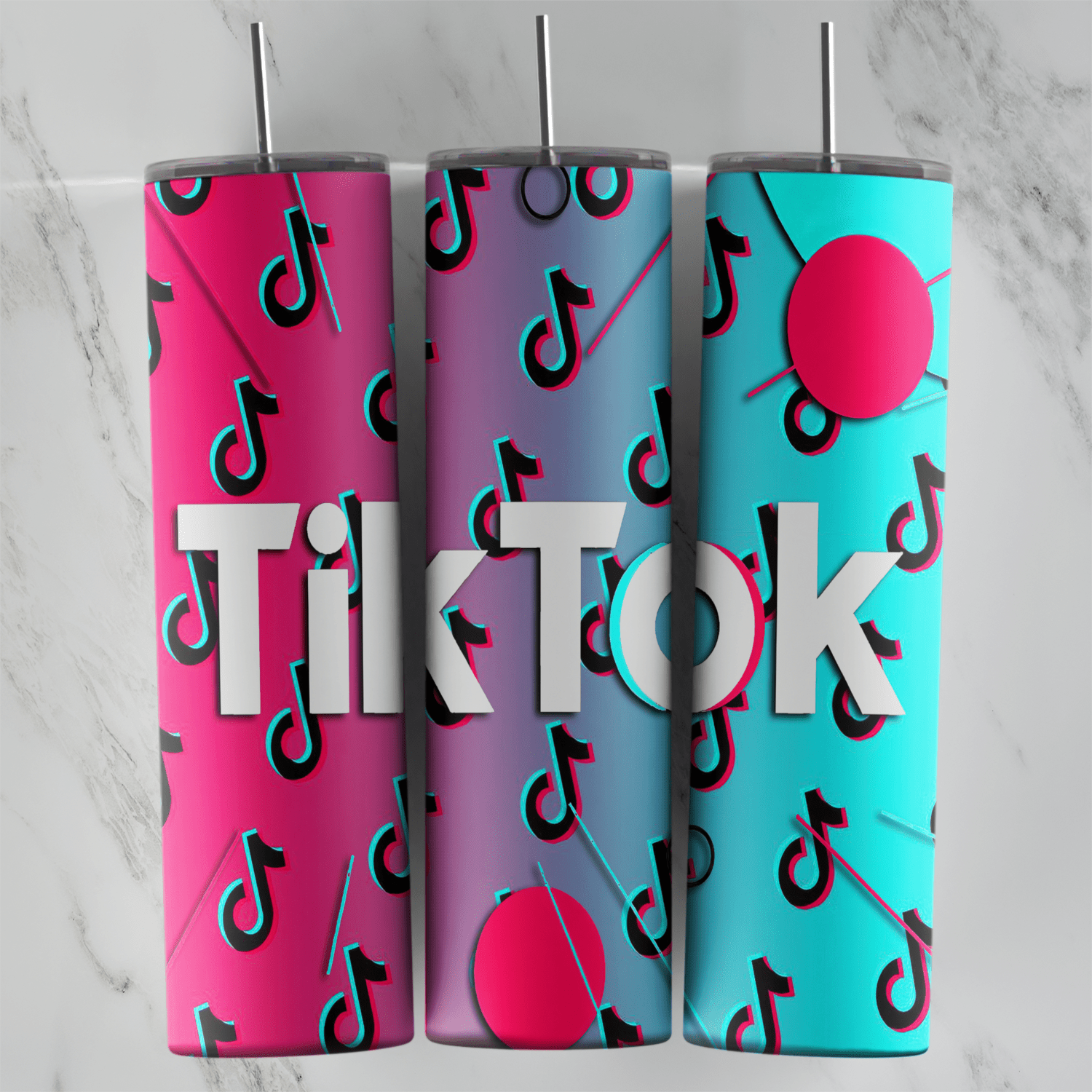 A TikTok tumbler wrap with large white TikTok lettering over a pink to cyan gradient scattered with small music note logos. Sublimation design