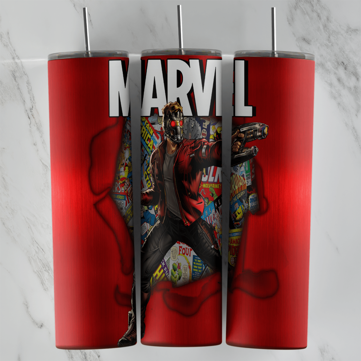 A 20 oz skinny tumbler wrap in glossy red with the big MARVEL logo on top and Star-Lord breaking out of a torn hole filled. Sublimation design