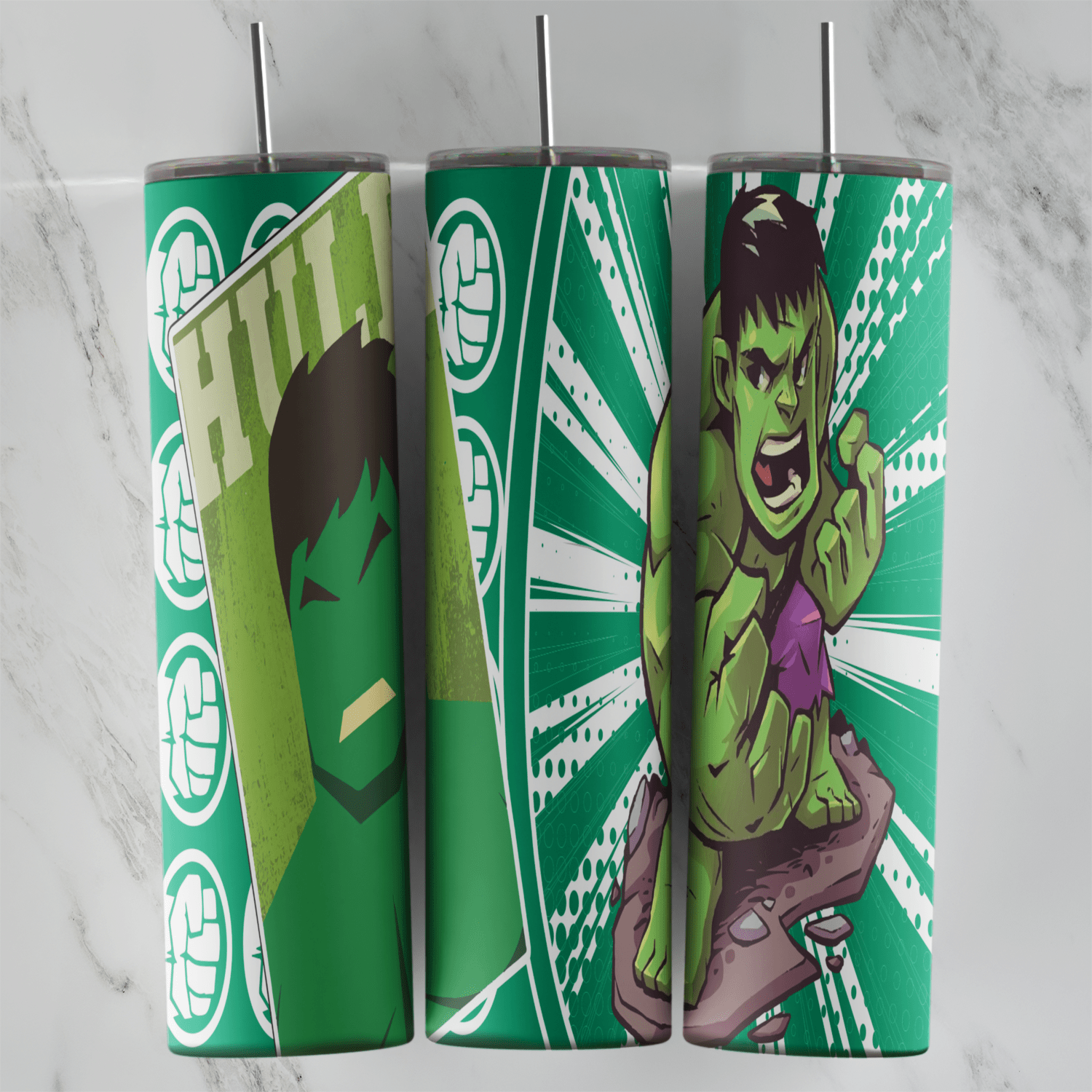 A 20 oz skinny tumbler wrap with a cartoon Hulk, Hulk lettering and Hulk face panels on a green and white sunburst background. Sublimation design