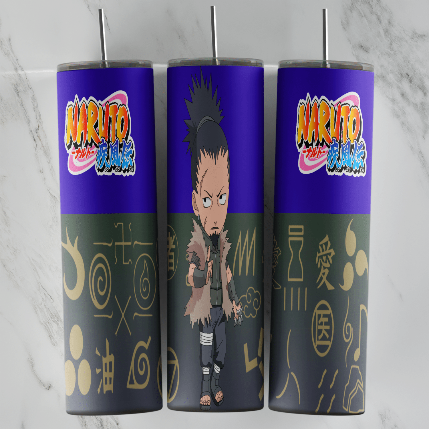 A 20 oz skinny tumbler wrap with a chibi Shikamaru Nara, the Naruto Shippuden logo on purple and an olive band of Konoha symbols. Sublimation design