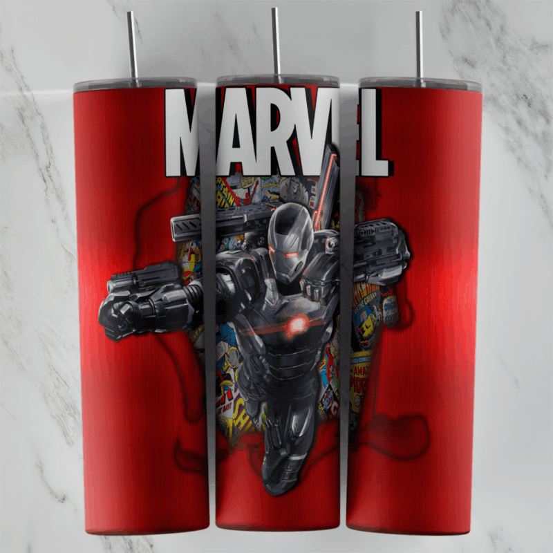 A 20 oz skinny tumbler wrap in glossy red with the big MARVEL logo on top and War Machine breaking out of a torn hole filled. Sublimation design