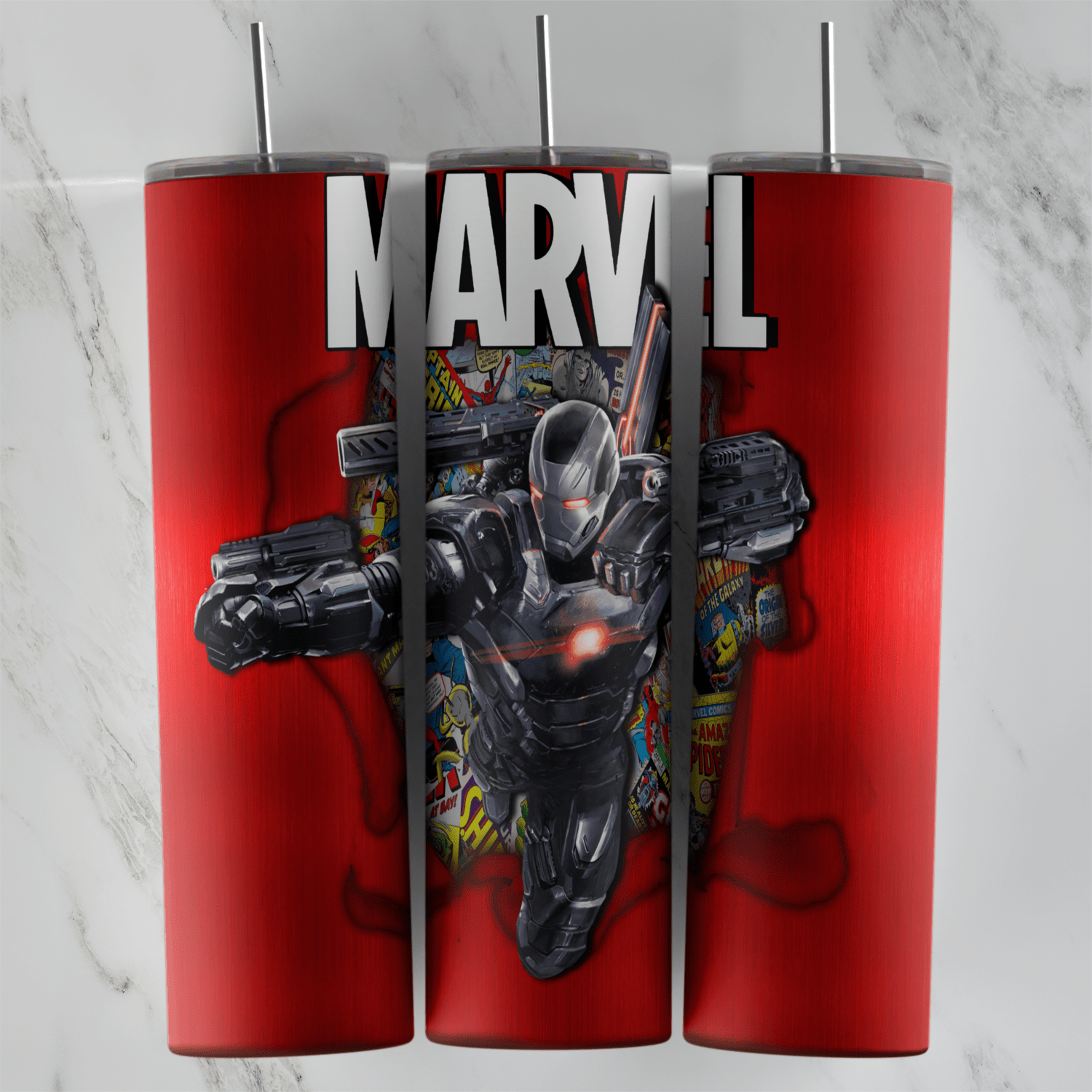 A 20 oz skinny tumbler wrap in glossy red with the big MARVEL logo on top and War Machine breaking out of a torn hole filled. Sublimation design