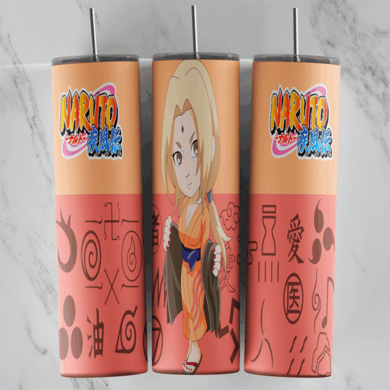 A 20 oz skinny tumbler wrap with a chibi Tsunade in an orange kimono, the Naruto Shippuden logo twice and a coral band of Konoha. Sublimation design