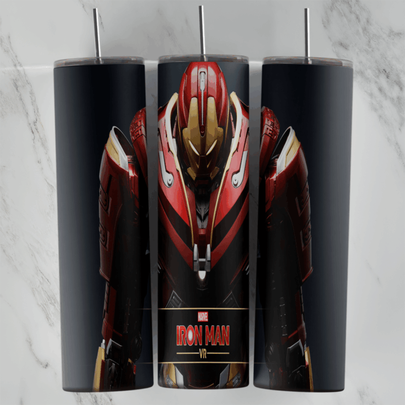 A 20 oz skinny tumbler wrap with a sleek red and gold Iron Man armor emerging from a black background, with a Marvel Iron Man. Sublimation design