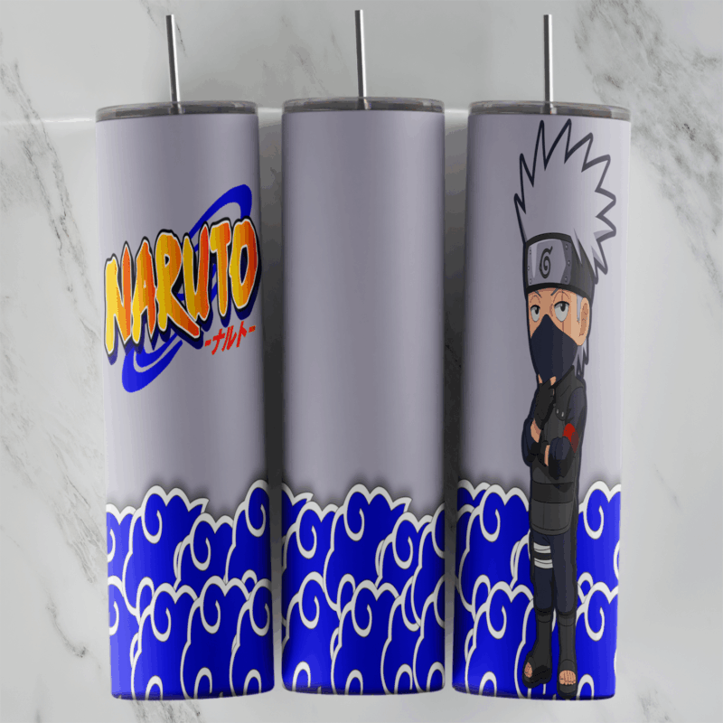 A 20 oz skinny tumbler wrap with a chibi Kakashi Hatake in his mask and headband, the Naruto logo on light grey and swirling blue. Sublimation design
