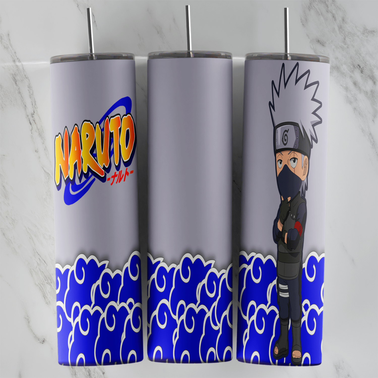 A 20 oz skinny tumbler wrap with a chibi Kakashi Hatake in his mask and headband, the Naruto logo on light grey and swirling blue. Sublimation design