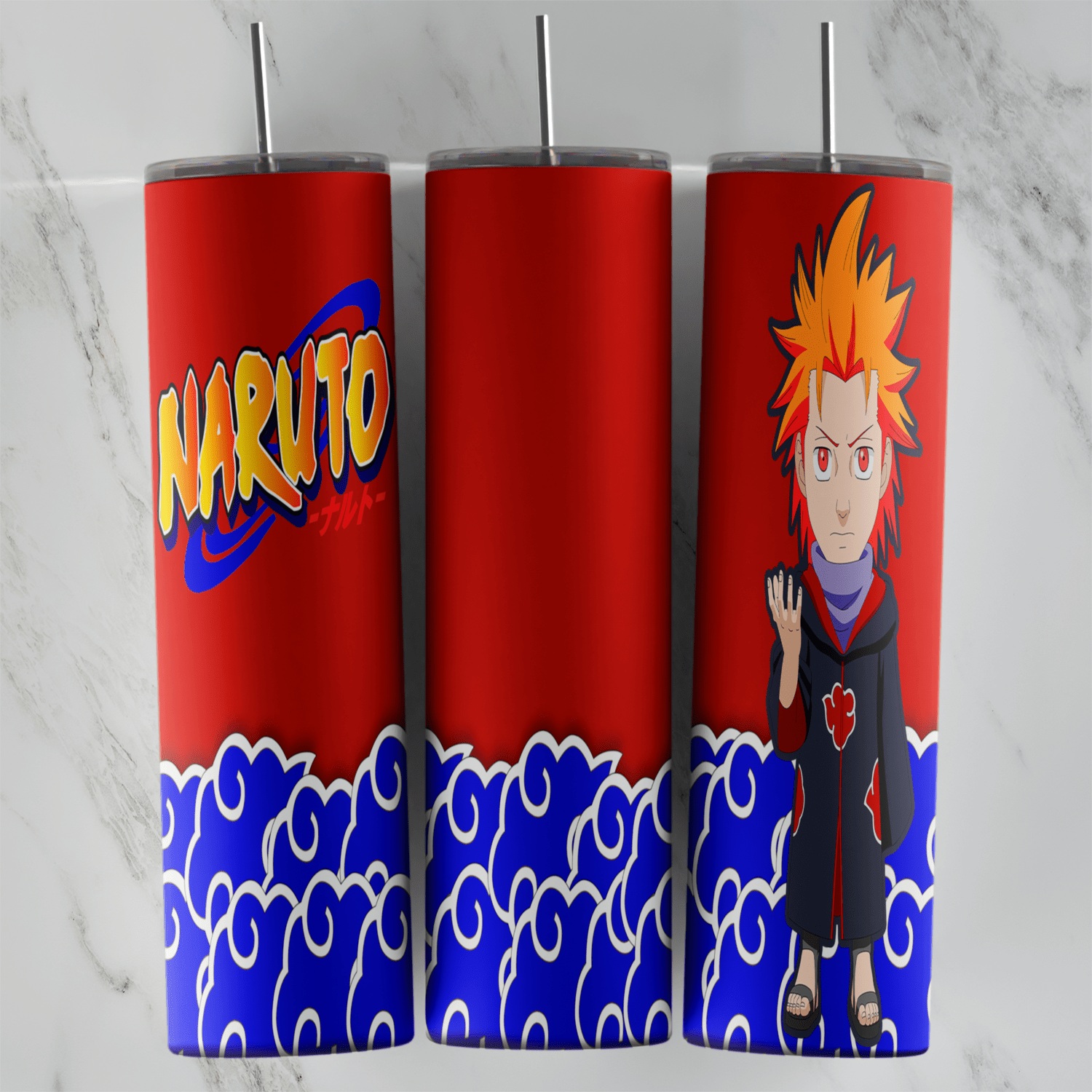 A 20 oz skinny tumbler wrap with a chibi Pain in the Akatsuki cloak, the Naruto logo on red and a band of blue swirling cloud. Sublimation design