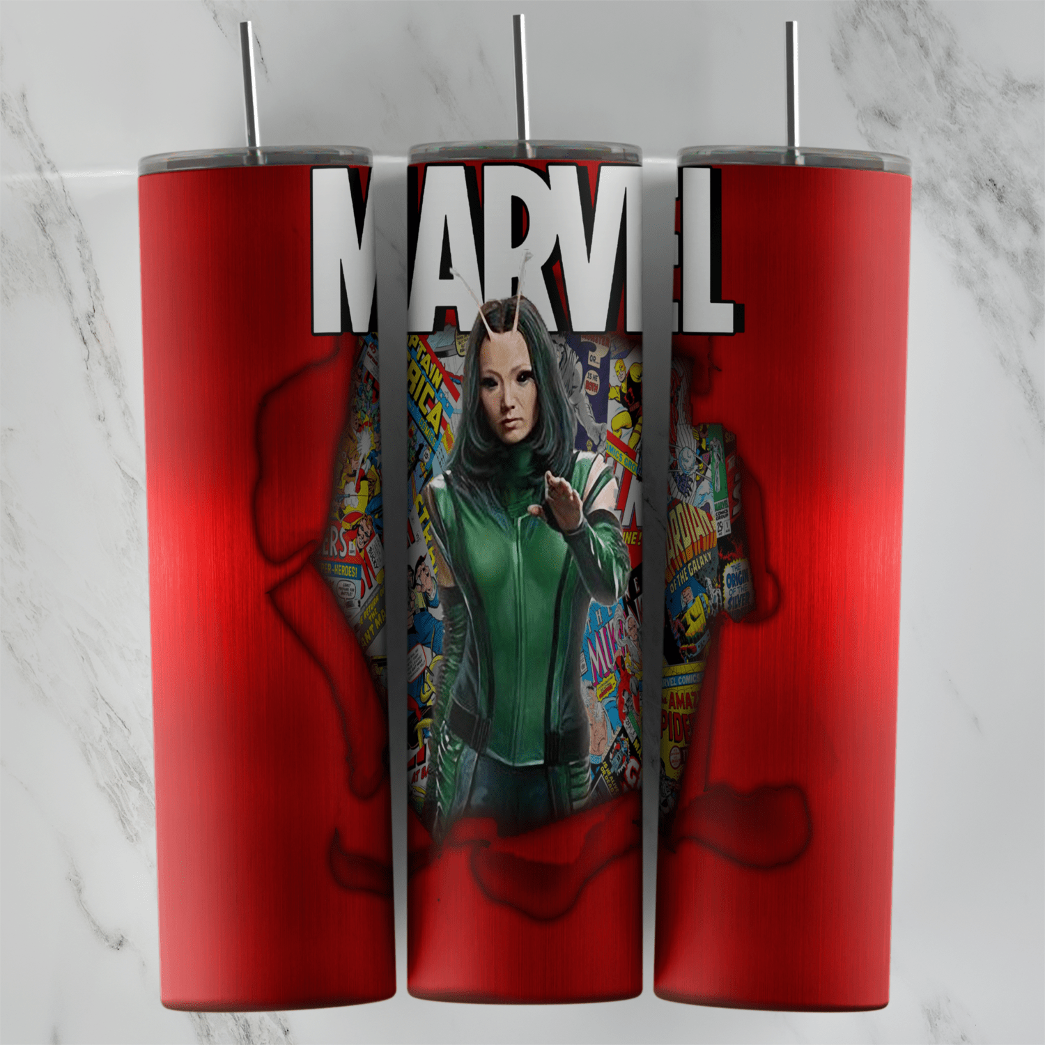 A 20 oz skinny tumbler wrap in glossy red with the big MARVEL logo on top and Mantis breaking out of a torn hole filled. Sublimation design