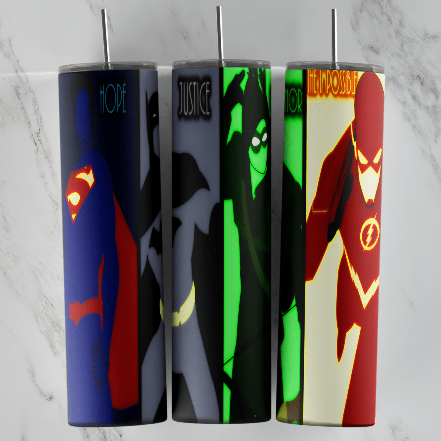 A 20 oz skinny tumbler wrap in retro poster style: Superman, Batman, Green Lantern and the Flash in flat colors with their names. Sublimation design